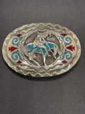 Old Pawn Turquise & Coral Belt Buckle Signed 