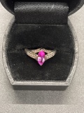 Sterlling Pink Marquise Center Stone W/Cz Accent Ring Size 9 From Large Estate