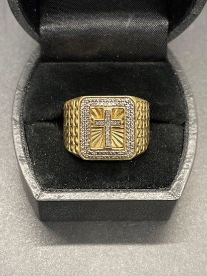 Sterling Mens Diamond Cross Ring Size 10 From Large Estate
