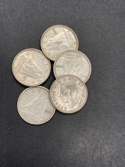 Canadian 80% Silver Dime Lot of 5 From Large Collection