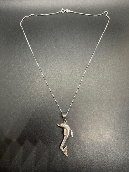 Sterling 20" Necklace With Dolphin Pendant From Large Estate