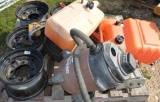 Pallet with Pipe Wrench, Polaris ATV Rims, Hand Winch, Shop Vac, Role of Cable, Set of Lineman Hooks