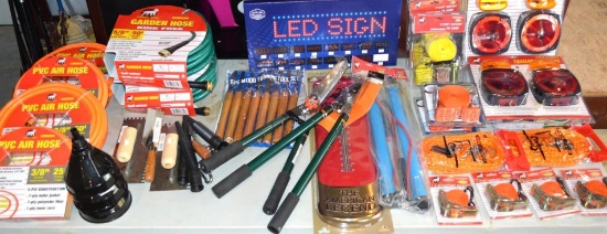Various Items - LED Sign, Tools, Ratchet Tie Downs, Tail Lights, Garden Tools/Hoses, PVC Air Hoses