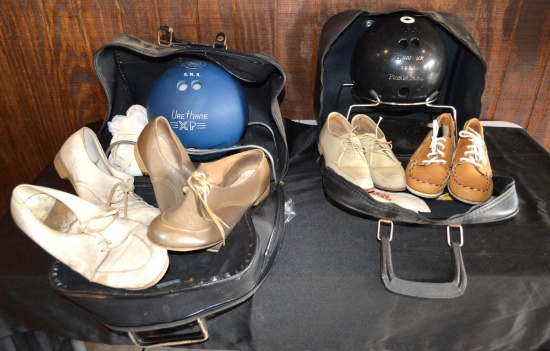2 Vintage Bowling Bags with Custom Balls and Accessories