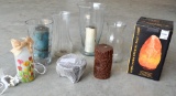 Box of 4 Glass Vases, Lighted Vase, Crystal Salt Lamp, 3 Candles