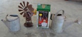 2 Galvanized Watering Cans, New Windmill Bird Feeder, Oil Lamp Still In Box
