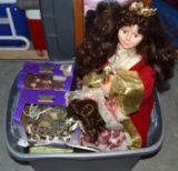 Tub of 2 Christmas Village Decorations, 2 Halloween Decorations, and 3 Dolls
