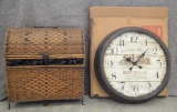 Wicker Trunk and New In Box Wall Clock
