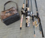 7 Assorted Fishing Reels and Fishing Rods with 1 Camo Insulated Lunch Bag
