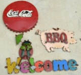 3 Piece Metal Art - (Coca Cola Bottle Cap, BBQ Pig, Frog Welcome)