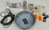 Metal Tray, Hanging Shop Light, 2 Grout Floats, Headstone Saddle Clamps, and other miscellaneous
