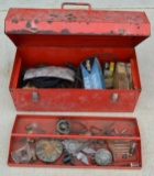 Red Vintage Metal Tool Box and 16 Pieces of Painting Supplies