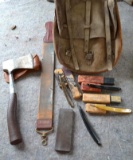 Antique Tool Bag,4 Antique Razors, and Sharpening Tools