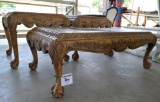 Coffee Table and 2 End Tables - Beveled Tinted Glass Tops, Beautiful Wood Work w/Claw Ft, Gold Tone