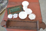 6 Piece White Glass Set, Last Supper Turquoise & Wood Art, and Wooden Thread Holder