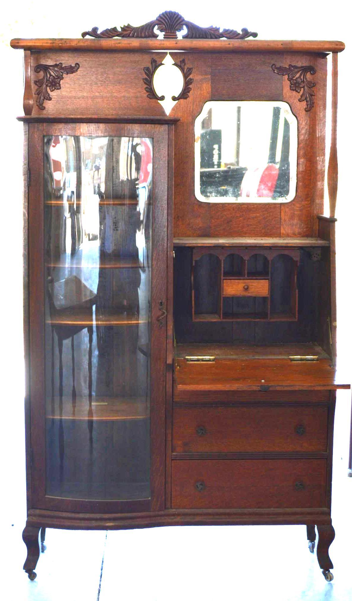 Antique Quarter Sawn Secretary Bookcase Curved Glass Door