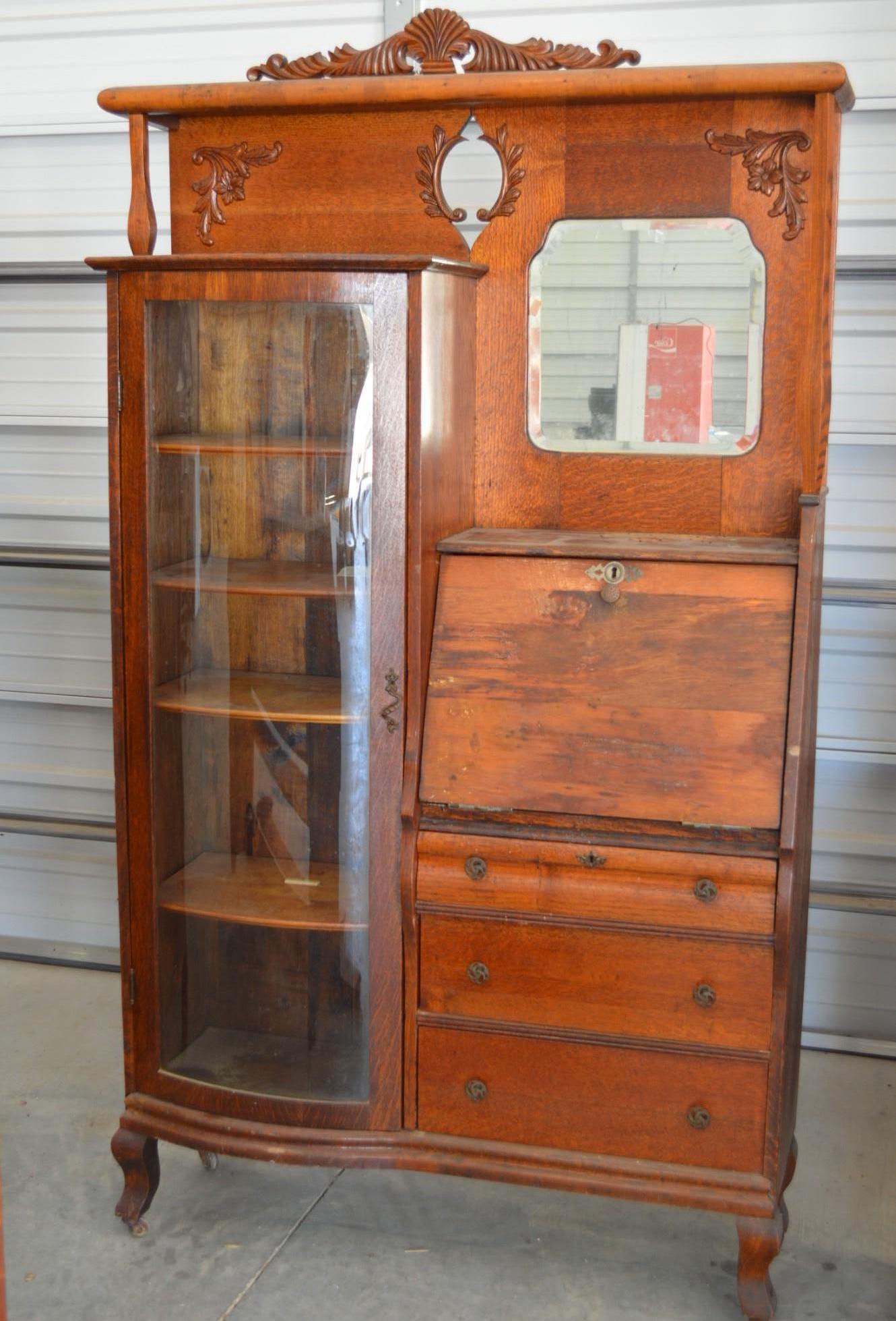 Antique Quarter Sawn Secretary Bookcase Curved Glass Door
