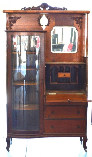Antique Quarter Sawn Secretary Bookcase Curved Glass Door