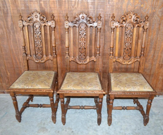 Set of 3 Henri II-style carved chairs