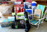 Assorted Camping Gear - lawn chairs, coolers, cooler bags, fans, reusable water bottles