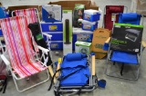 Assorted Camping Gear - lawn chairs, coolers, cooler bags, fans, reusable water bottles