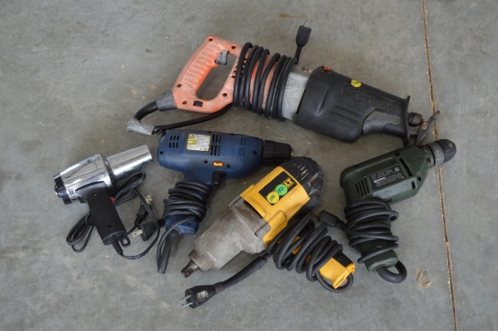 5 pc Assorted Tools -2 Hand Drills, 1 Milwaukee Orbital Super Sawzall, 1 Heat Gun, 1 Impact Wrench