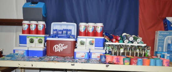 Assorted Coolers, Ice Packs, Fans, Water Bottles and Koozies