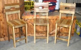 (3) Rustic Wooden Bar Stools W/Backs