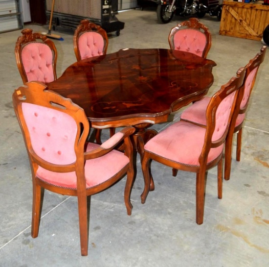 Antique Solid Wood Dining Table w/6 Custom Velvet Dining Chairs