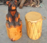 Wood Bear Sculpture & Wood Leather Double Side Drum