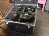 4 Martin Roboscan Pro 518 stage lights with travel case on casters.