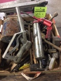Wrenches, sockets, pry bars, grease guns, large sockets, saw blades, straps, hardware
