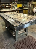 43 in x 8 ft vintage industrial steel setup table.