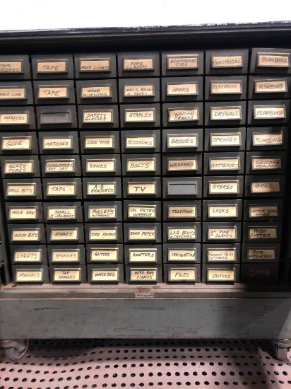 Vintage 70 drawer metal hardware filer on casters
