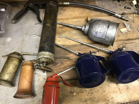 Grease Gun, Several Oil Cans, newer and old