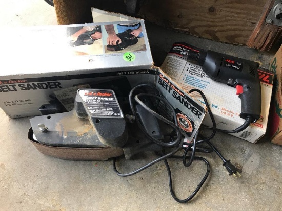 Black & Decker Belt Sander, and a Skil 3/8 inch drill