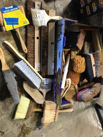 Flat of misc brushes, brooms and more