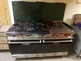 108. Superior Products gas 6 burner/2 oven/1 griddle commercial cooking station with backsplash.