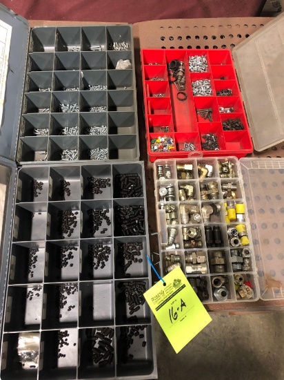 1 lot of (4) organizers full of Set Screws, Hydraulic fittings, machine screws and more