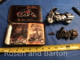 2 model Motorcycles, a lapel pin, and deck of cards