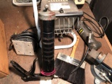 Group lot, spot light, saw dust machine broom, B&D right angle drill, grease gun, palm sander