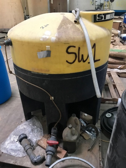 Approx 200- 250 gallons? Stands approx 48 inches tall. On skid. With untested pump