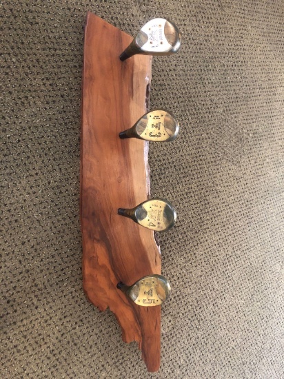 Live Edge slab wall hanging w/ 4 vintage wooden drivers