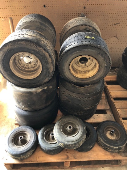 Pallet load of misc used tires/rims for misc tractors/carts