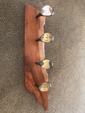 Live Edge slab wall hanging w/ 4 vintage wooden drivers