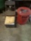 Old stool, metal rag bin and tool drawer