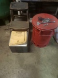 Old stool, metal rag bin and tool drawer