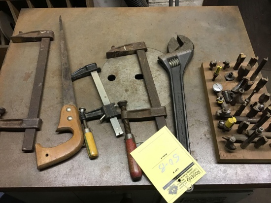 Clamps, Saw, Router bits, 18 inch adjustable wrench and more