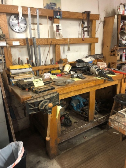 Hand made wooden Workbench w/ Vice (no contents)