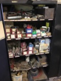 Metal cabinet full of fasteners, sanding belts, and more. Contents and cabinet included